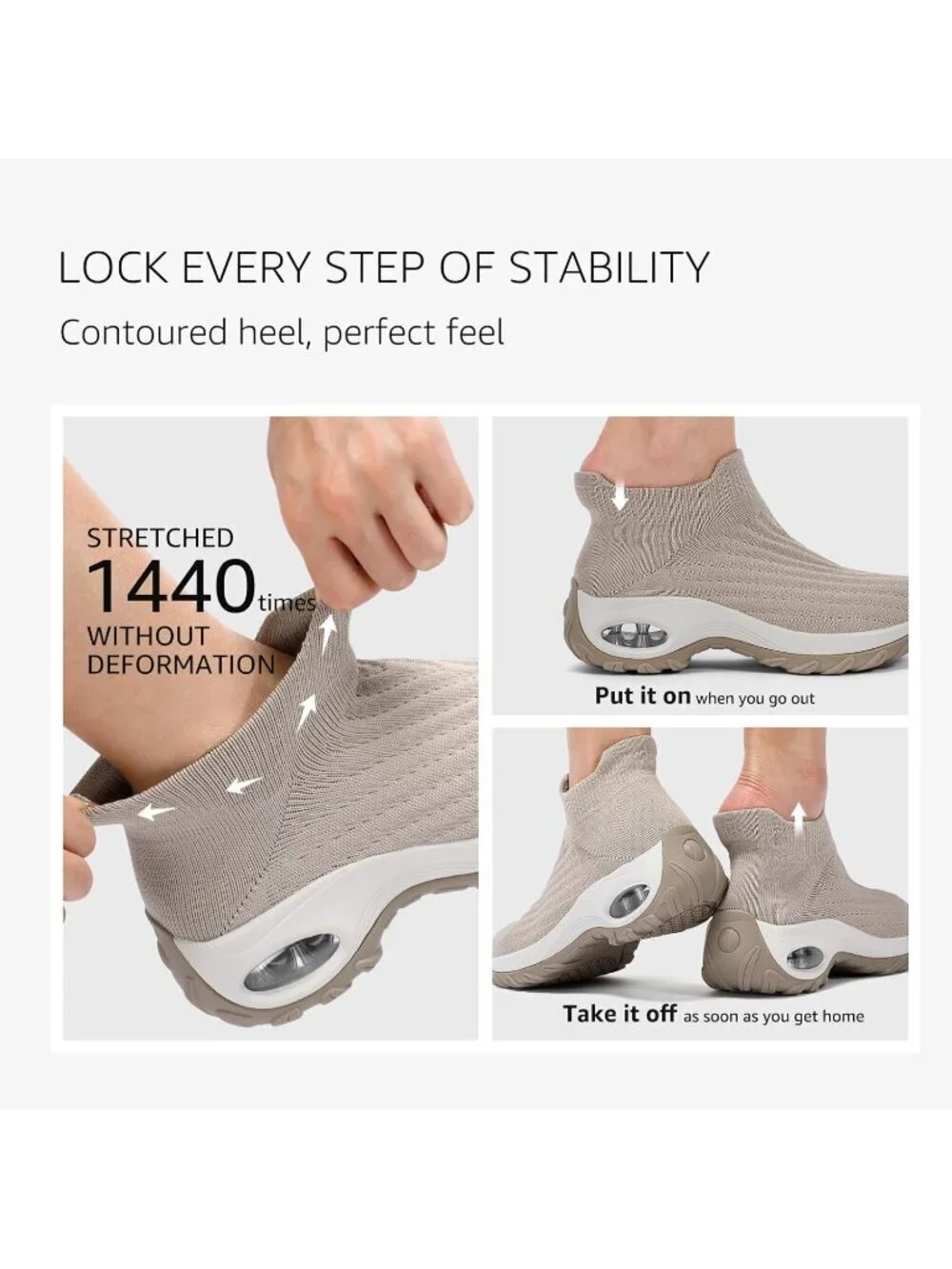 Women's Taupe Lug Walking Arch Support Non Slip Breathable Upper Sneaker Shoes